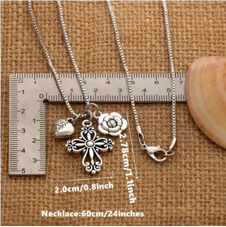 Boho Cross Flower Pendant Necklace-Silver