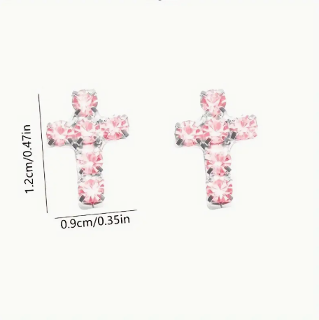 Pink Rhinestone Cross Stud Earrings