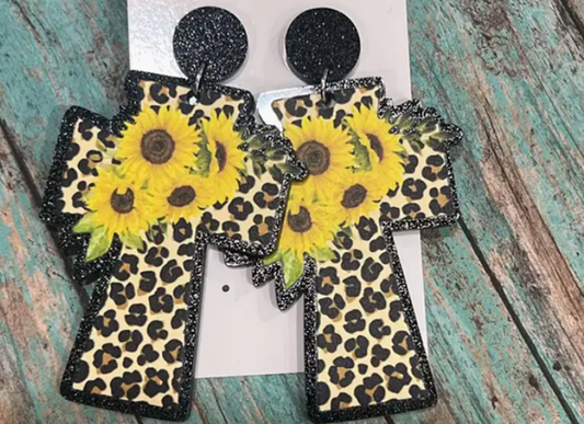 Cross Sunflower Dangle Earrings