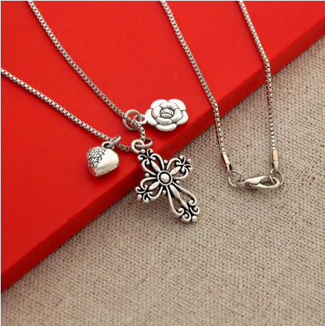 Boho Cross Flower Pendant Necklace-Silver