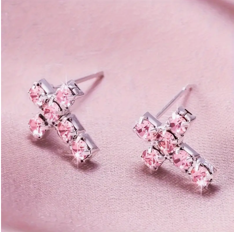 Pink Rhinestone Cross Stud Earrings